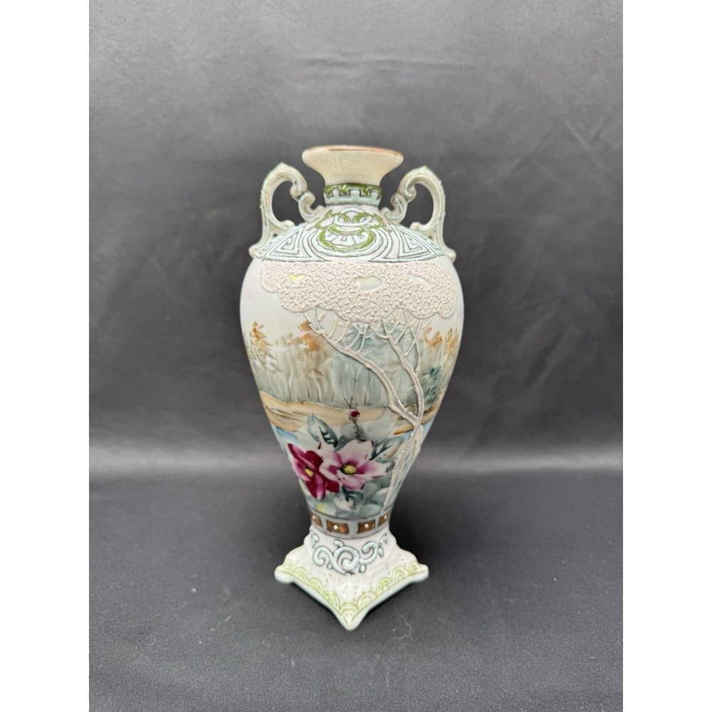Vintage 1930s Hand Painted Japanese Moriage Porcelain Vase Floral Landscape 8.5"